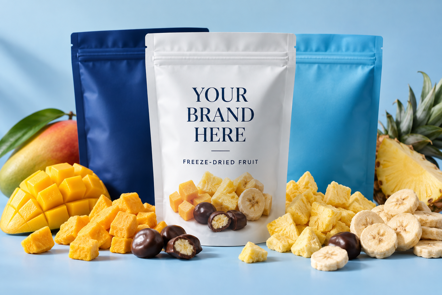 Concept packaging for your brand, with tropical freeze-dried fruit and chocolate bites
